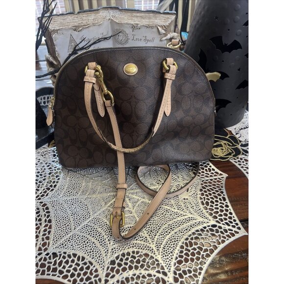 Coach Peyton Signature Cora Domed Satchel Handbag Tote Brown Tan F26184 - Picture 1 of 15